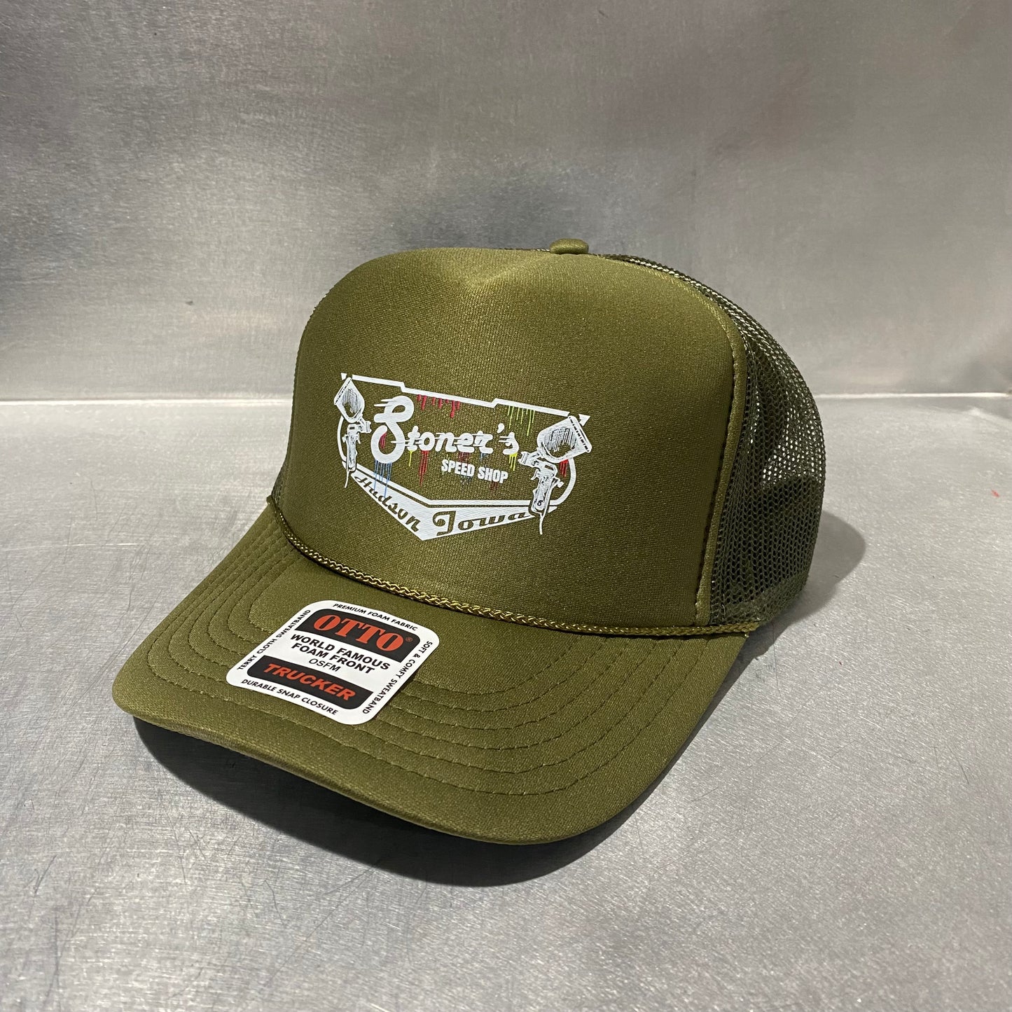 Otto Foam Front Mesh Back Trucker Hat - Olive Green Paint Drip