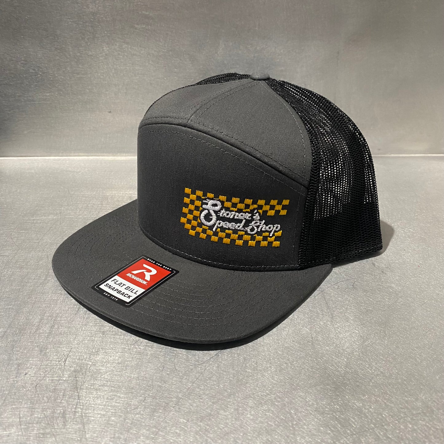 Richardson 168 flat bill snapback grey & black, gold checkered