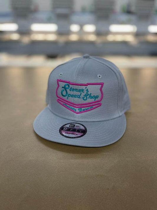 Gray New Era Flat Bill with Stoner's Speed Shop Pink and Teal Puff Logo