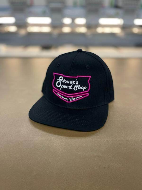 Stoner's Speed Shop Black Flat Bill with Pink and White Puff Logo