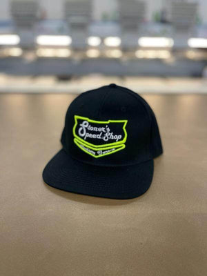 Stoner's Speed Shop Black Flat Bill with Lime and White Puff Logo