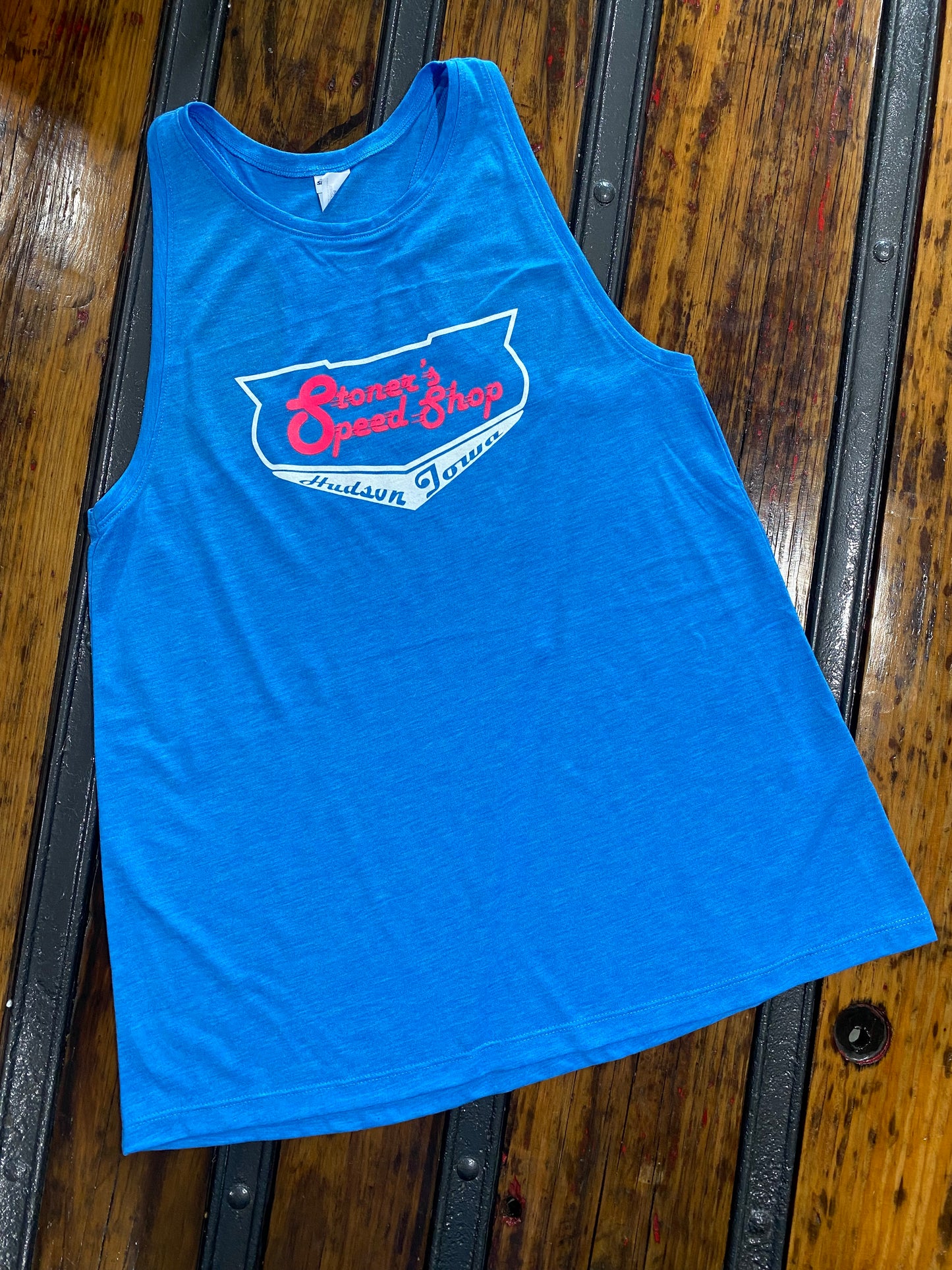 Stoner's Speed Shop Blue tank top with Pink Logo